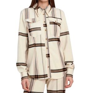 Plaid Button-Up Blouse - Cream and Brown